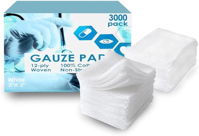 Gauze Sponges 3" x 3". Pack of 2400 Non-Sterile 100% Woven Cotton Pads for Wounds Cleaning. Medical 12-ply Gauze Dressings. Disposable Surgical A
