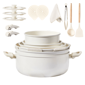 22-Piece Non-Stick Cookware Set, 6 Pots & 3 Lids, Removable Handles, Oven & Dishwasher Safe, Includes 28cm Soup Pot, Cream White Aluminum